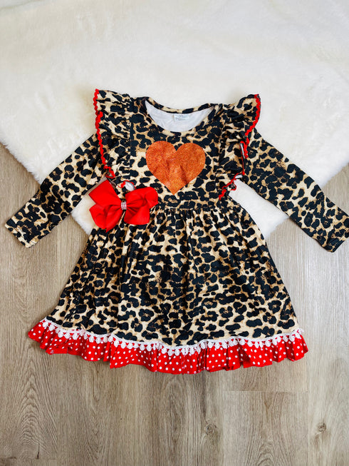 Bowtism Glitter Heart Cheetah Dress with Matching Bow - Bowtism