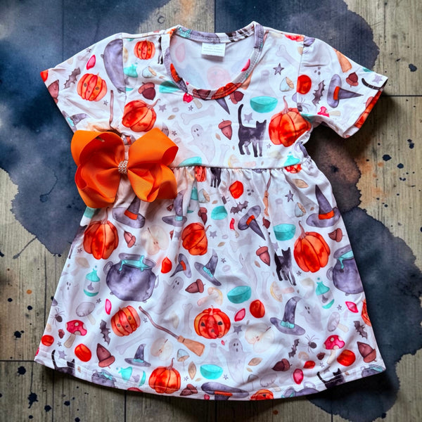 Girls Spooky Halloween Dress, Short Sleeve Twirl Dress with Matching Bow