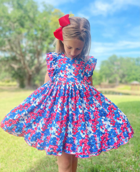 Bowtism Girls Floral July 4th Summer Ruffle Dress with Matching Bow - Bowtism