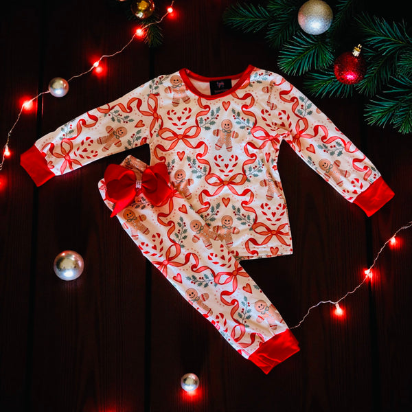 Girls Preppy Gingerbread Pajamas Set with Matching Bow - Bowtism
