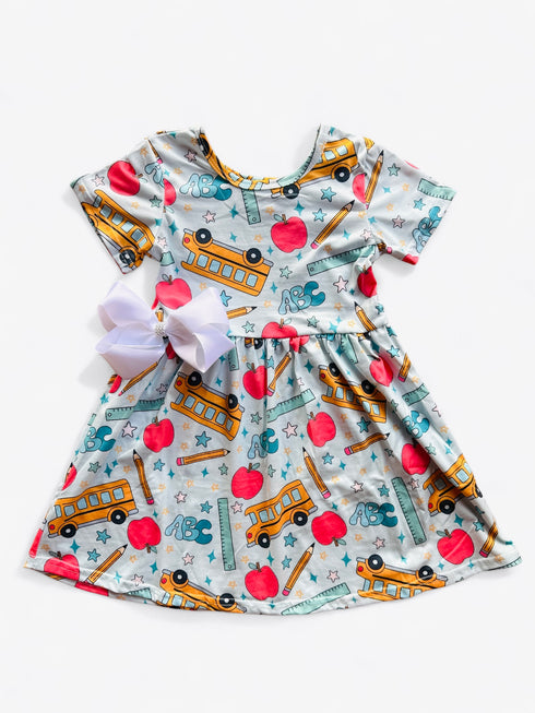 Girls Blue School Bus Dress with Matching Bow - Bowtism