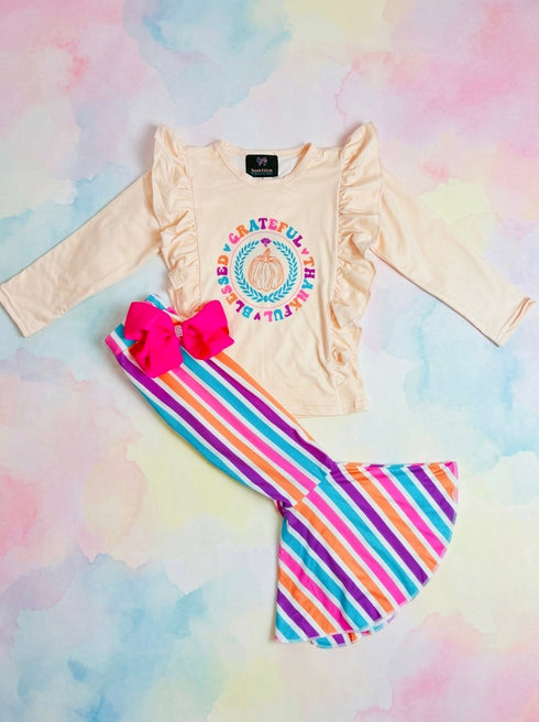 Bowtism Girls Grateful Thankful Blessed Pumpkin Flare Pants Set with Matching Bow