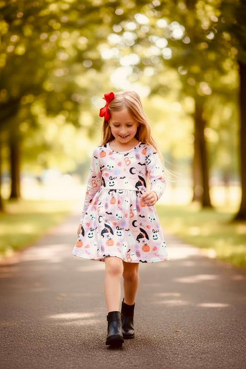 Girls Halloween Boo Witch Hat Twirl Dress with Matching Bow