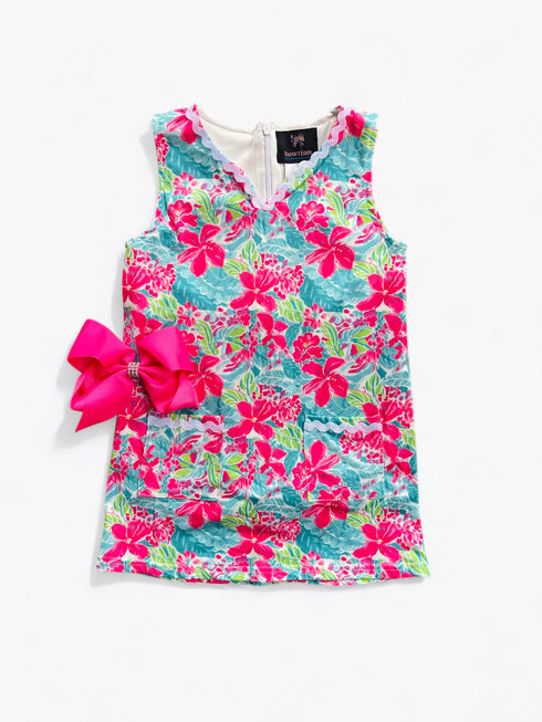 Girls Pink Tropical Shift Dress with Built in Shorts with Matching Bow - Bowtism