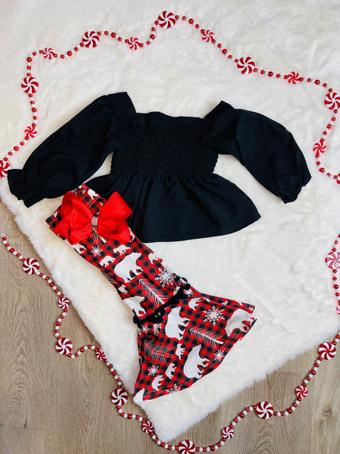 Bowtism Girls Plaid Wilderness Flare Pants Set with Matching Bow - Bowtism