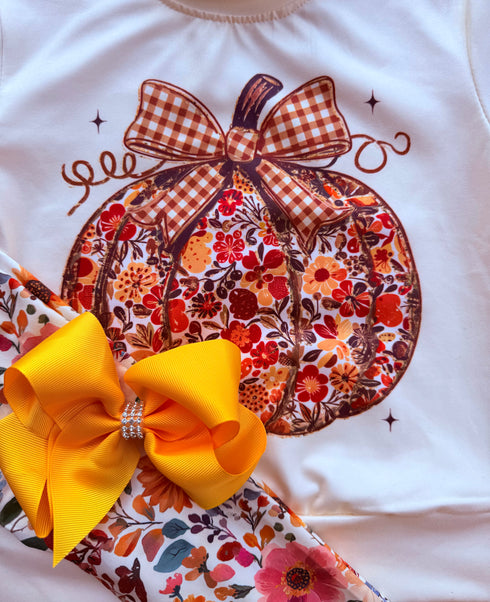 Girls Pumpkin Floral Thanksgiving Pants Set with Bow