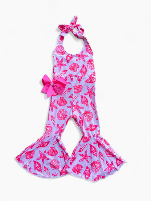 Girls Pink Seashell Flare Romper with Matching Bow - Bowtism