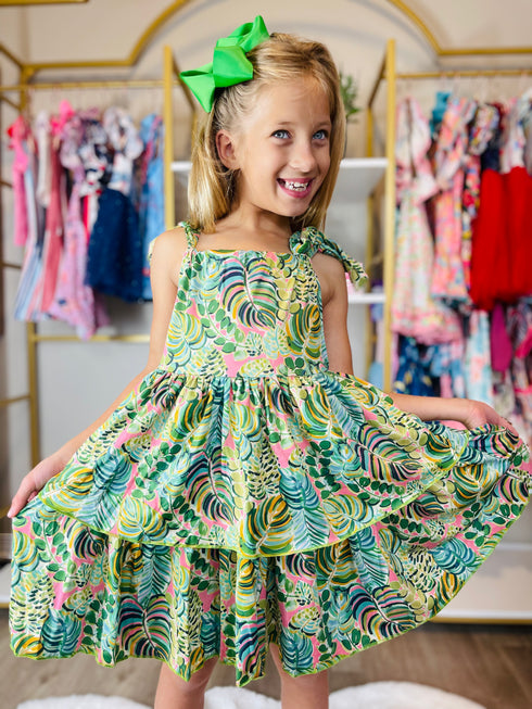 Bowtism Paradise Palms Layered Dress With Matching Bow - Bowtism