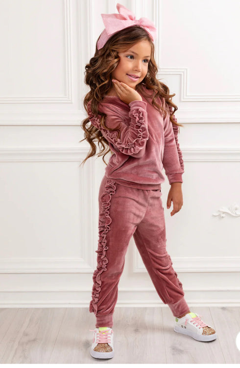 Girls Rose velvet lounge set with matching bow