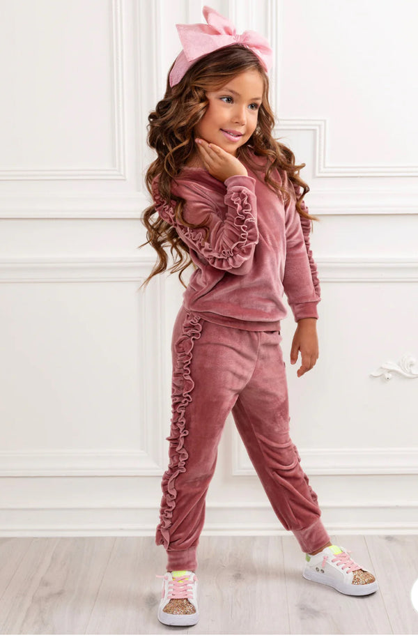 Girls Rose velvet lounge set with matching bow