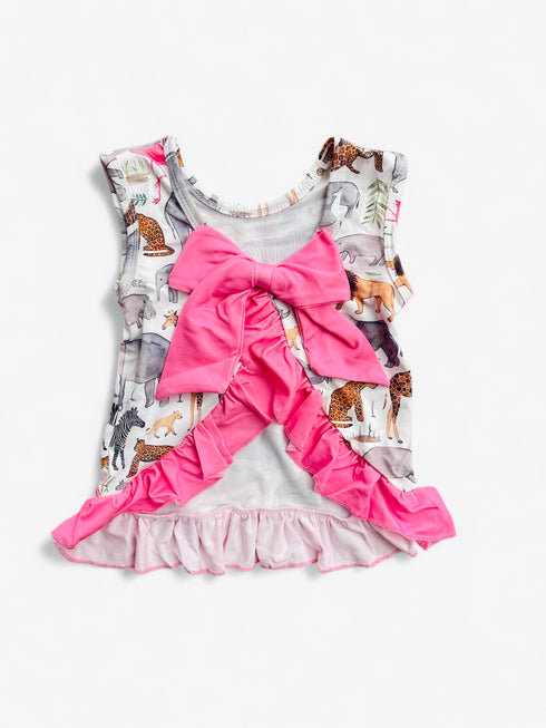 Girls Pink Zoo Animal Ruffle Shorts Set with Matching Bow - Bowtism