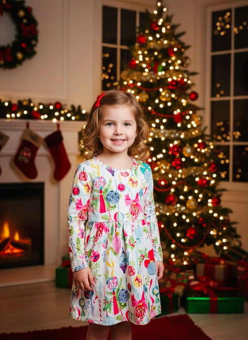 Girls Ornament Christmas Dress with Matching Bow - Bowtism