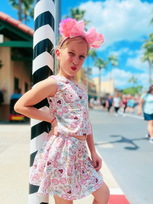 Bowtism Girls Mouse Friends Crop Skirt with Shorts Set and Matching Bow - Bowtism