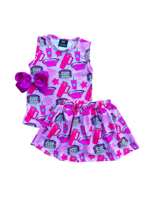 Girls Favorite Things Crop Top Skirt with Shorts Set and Matching Bow - Bowtism