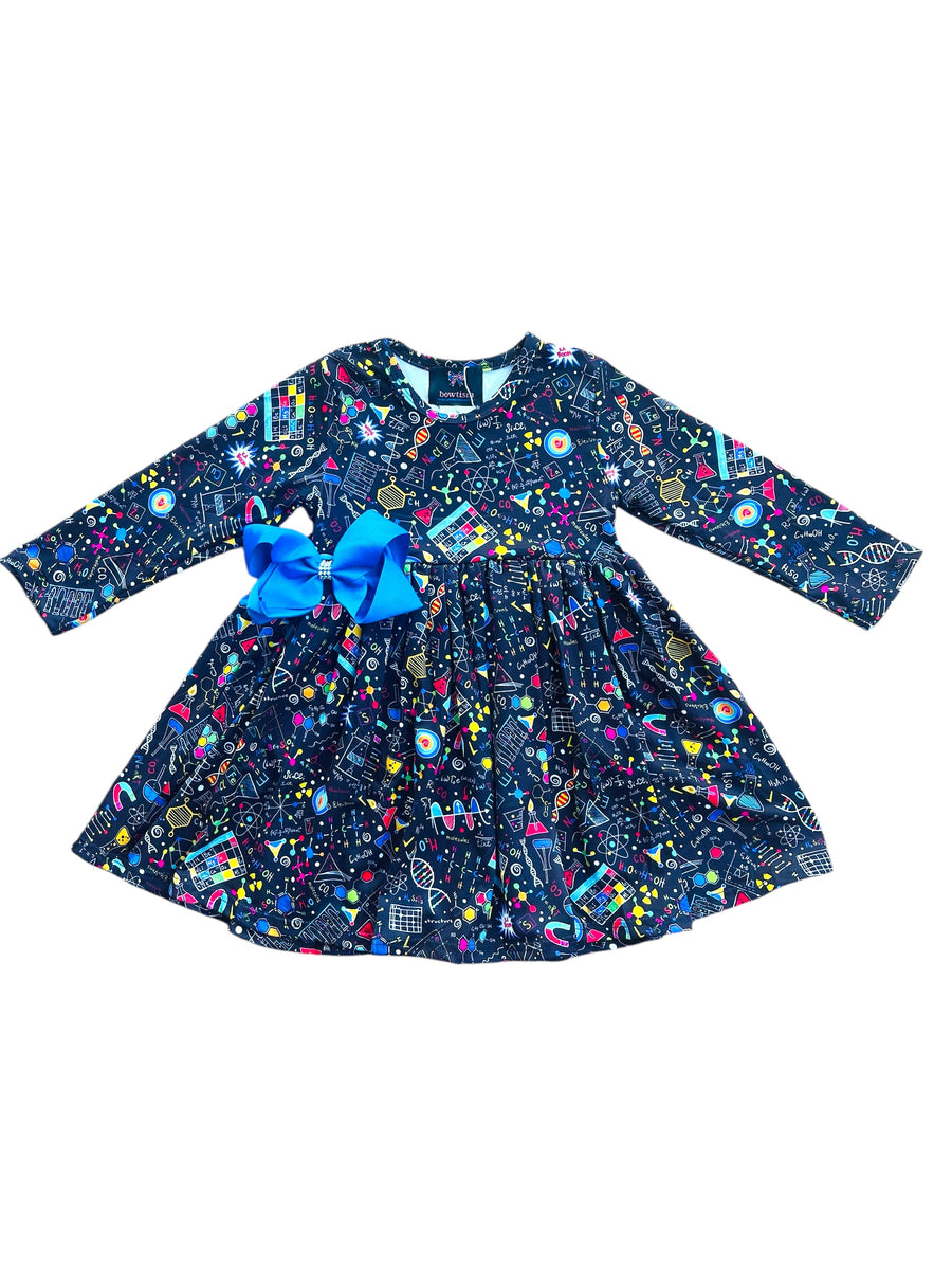 Girls Science Print Twirl Dress with Matching Bow, Large-4t