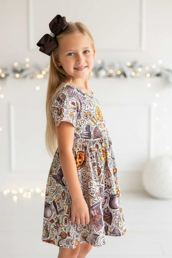 Girls Spooky Halloween Dress, Short Sleeve Twirl Dress with Matching Bow