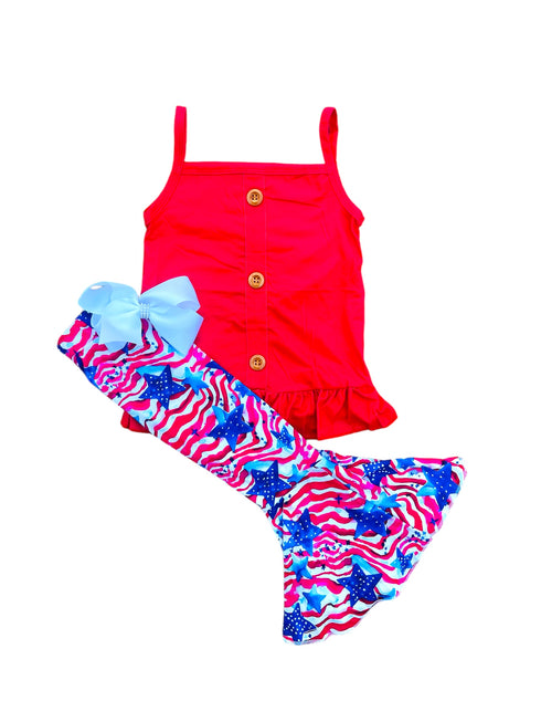 Bowtism Girls July 4th Flag Flare Pants Set with Matching Bow - Bowtism
