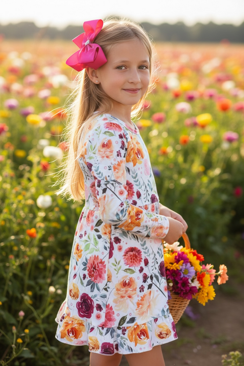 Girls Fall Floral Twirl Dress with Matching Bow
