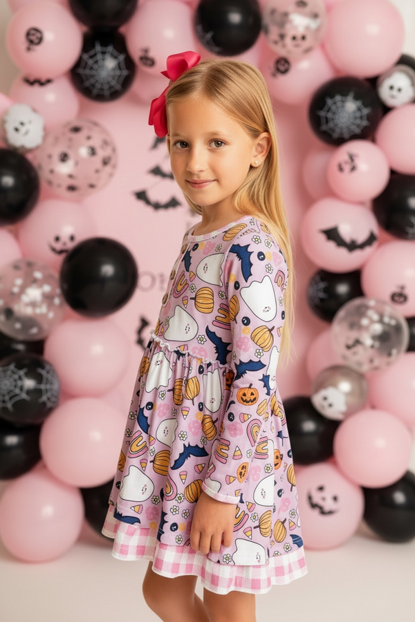 Girls Halloween Dress with Bow, Pink Preppy Set