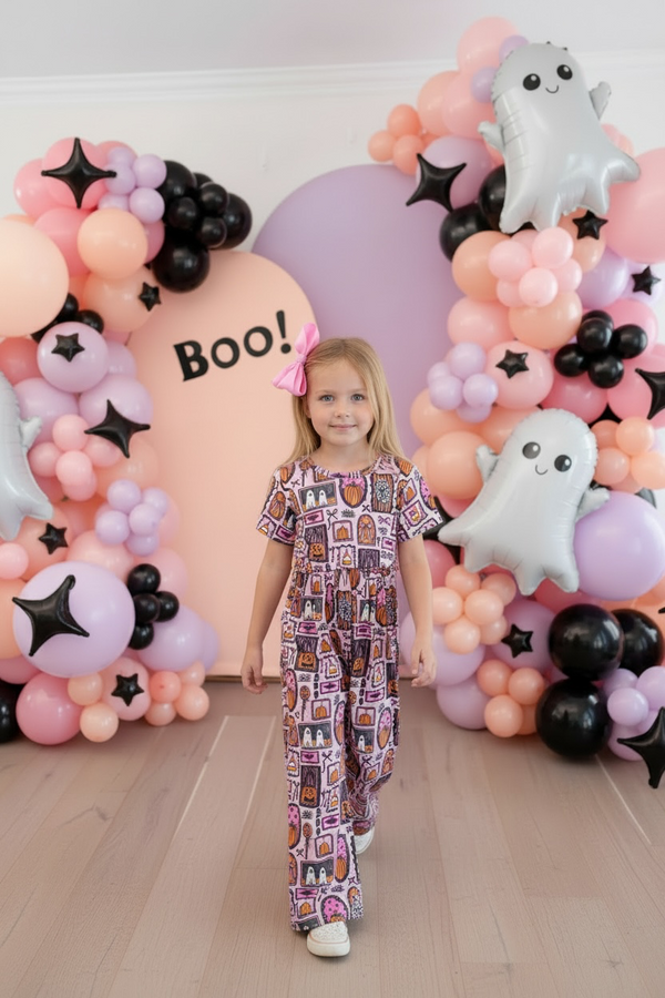 Girls Pink Bat Halloween Romper with Matching Bow
