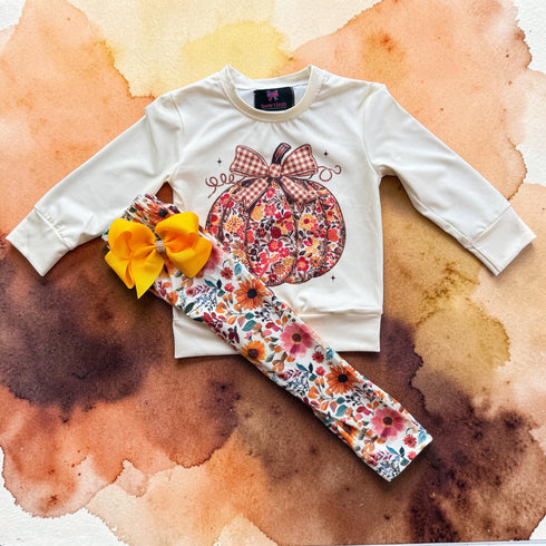 Girls Pumpkin Floral Thanksgiving Pants Set with Bow