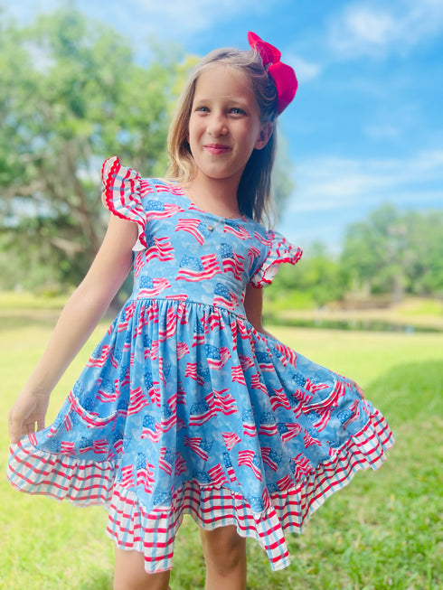 Girls July 4th Flag Summer Ruffle Dress with Matching Bow - Bowtism