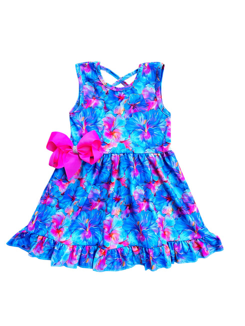 Girls Bright Hawaiian Hibiscus Dress with Matching Bow - Bowtism