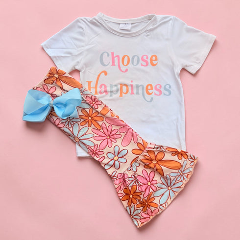 Girls Happiness Flare Pants Set with Matching Bow