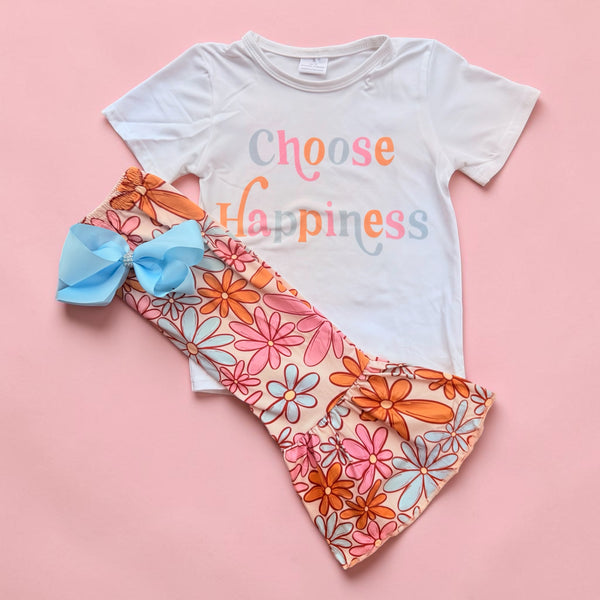 Girls Happiness Flare Pants Set with Matching Bow