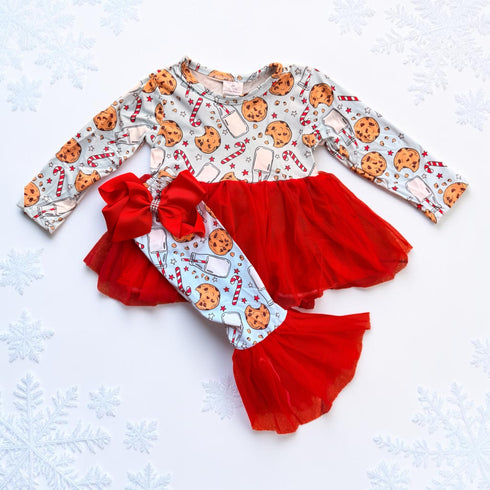Girls Santa Cookie Tutu Pants Outfit with Matching Bow