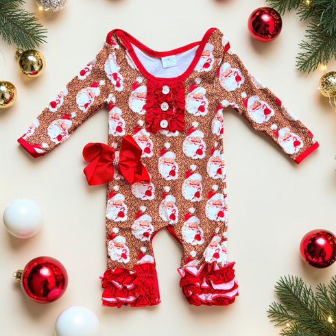 Baby Santa Cheetah Romper with Matching Bow