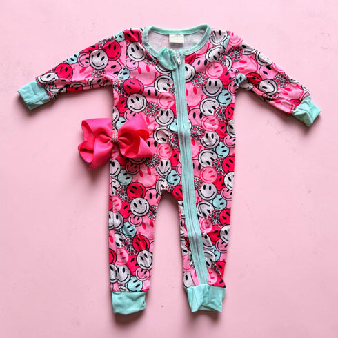 Pink Baby Smile Zip Romper with Matching Bow