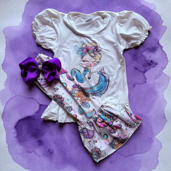 Girls Fun Mermaid Flare Pants Set with Matching Bow