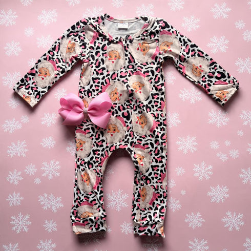 Baby Pink Santa Cheetah Romper with Matching Bow