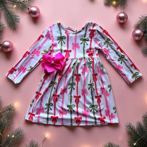 Girls Christmas Ribbon Dress for Girls with Matching Bow