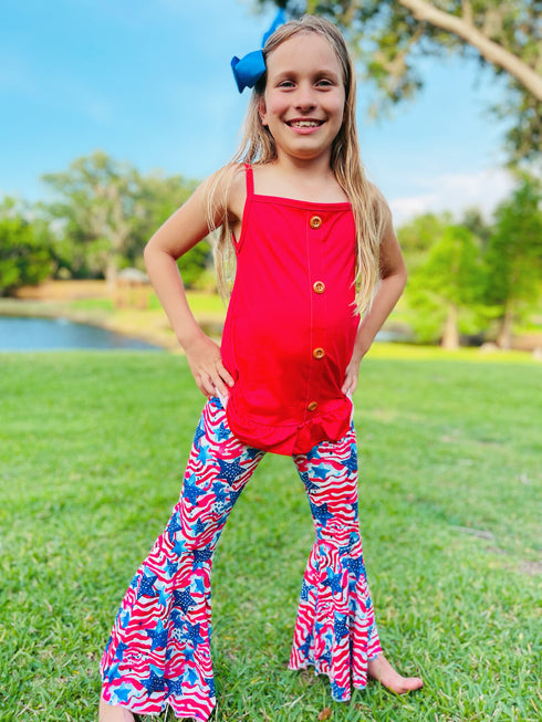 Bowtism Girls July 4th Flag Flare Pants Set with Matching Bow - Bowtism