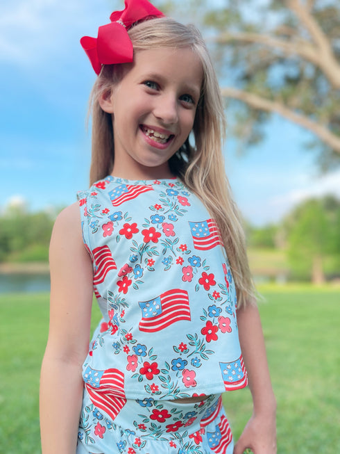 Girls Boho Patriotic Wide Waisted Flare Pants Set with Matching Bow - Bowtism