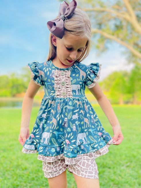Girls Giraffe Zoo Animal Ruffle Shorts Set with Matching Bow - Bowtism