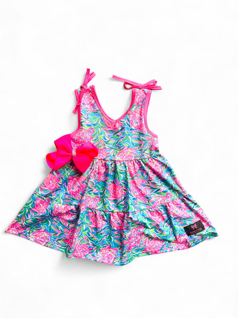 Girls Pink Sea Turtle Dress with Matching Bow - Bowtism