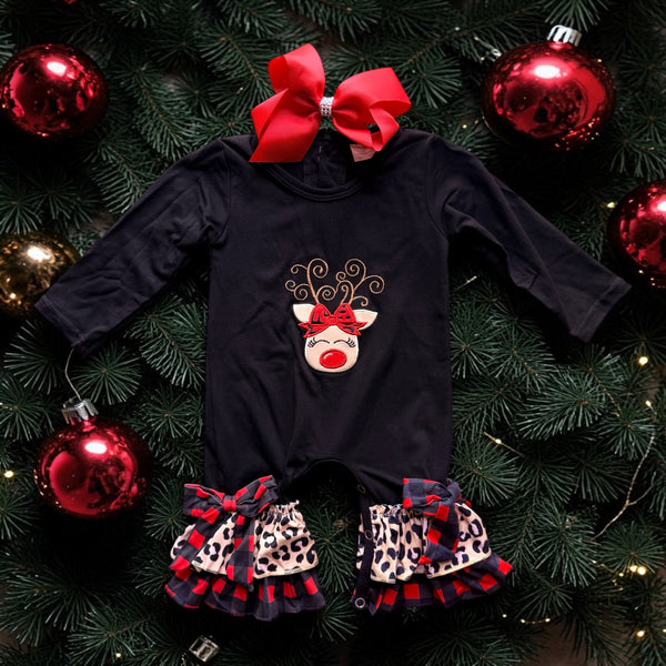 Baby Reindeer Cheetah Romper with Matching Bow