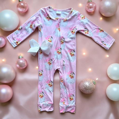 Baby Pink Santa Christmas Romper with Matching Bow