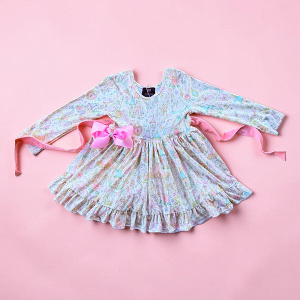 Girls' Magical Fairytale Floral Twirl Dress with Matching Hair Bow