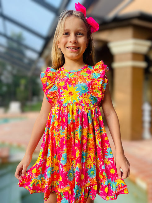 Girls Pink Yellow Floral Ruffle Twirl Dress with Matching Bow - Bowtism