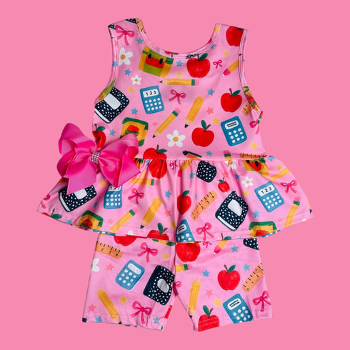 Girls Iconic School Shorts Set with Matching Bow - Bowtism