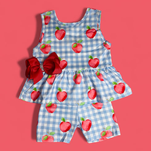 Girls Preppy Apple School Shorts Set with Matching Bow - Bowtism