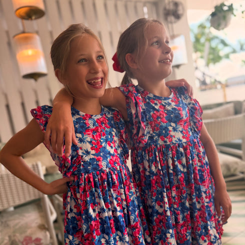 Bowtism Girls Floral July 4th Summer Ruffle Dress with Matching Bow - Bowtism