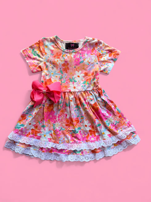 Girls Pink Floral Layered Lace Dress with Matching Bow - Bowtism