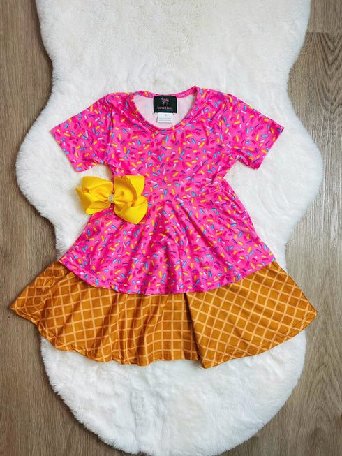 Bowtism Ice Cream Sundae Birthday Layered Dress With Matching Bow - Bowtism