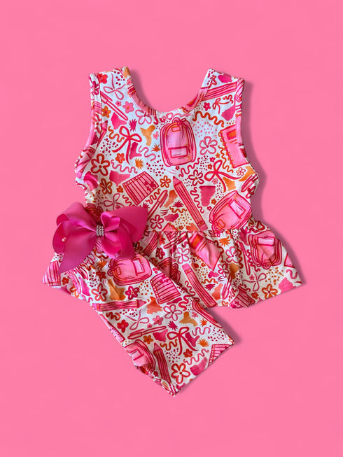 Girls Preppy Pink School Shorts Set with Matching Bow - Bowtism
