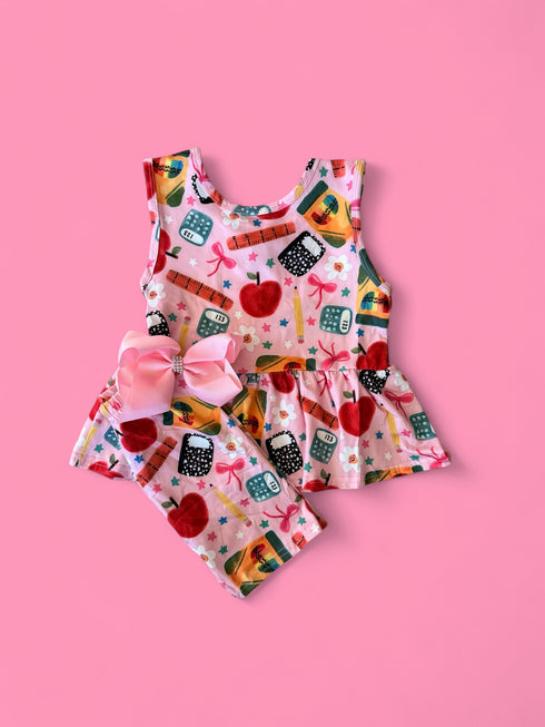 Girls Pink School Supplies Shorts Set with Matching Bow - Bowtism